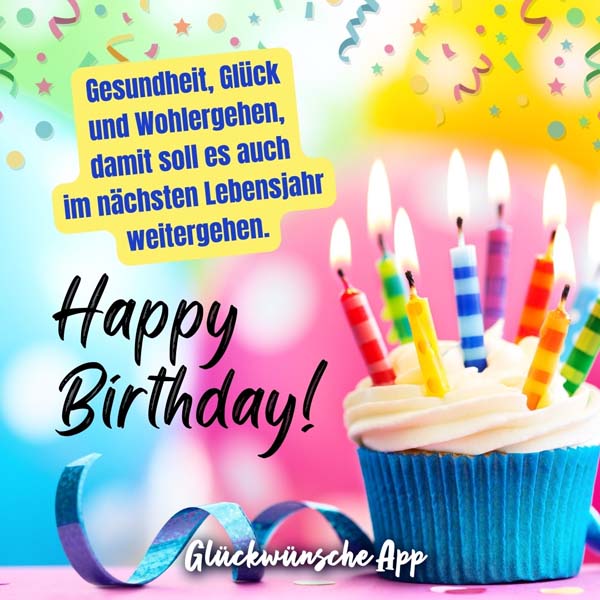 Cupcake mit Kerzen und Geburtstagswünsche: „Gesundheit, Glück und Wohlergehen, damit soll es auch im nächsten Lebensjahr weitergehen. Happy Birthday!"