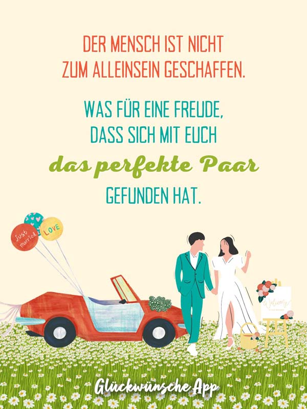 Illustriertes Hochzeitspaar vor einem Auto auf der Wiese mit Wünschen: „Der Mensch ist nicht zum Alleinsein geschaffen. Was für eine Freude, dass sich mit euch das perfekte Paar gefunden hat."
