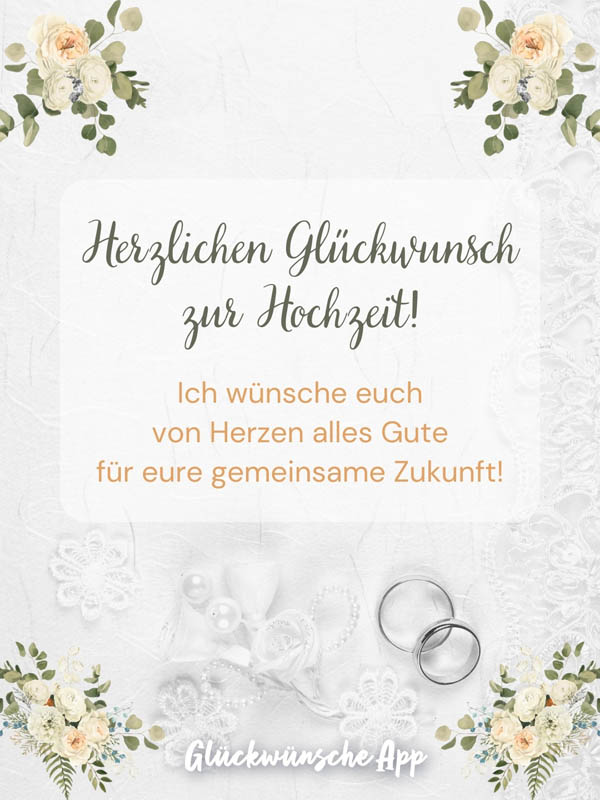 Hochzeitsringe auf einem weißen Tischtuch und illustrierte Blumenverzierung mit Hochzeitswünsche: „Herzlichen Glückwunsch zur Hochzeit! Ich wünsche euch von Herzen alles Gute für eure gemeinsame Zukunft!"