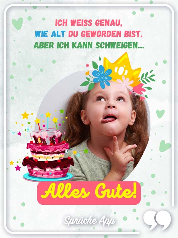 Kleines Mädchen und Geburtstagstorte mit Wünschen: „Ich weiß genau, wie alt du geworden bist. Aber ich kann schweigen…  Alles Gute!"