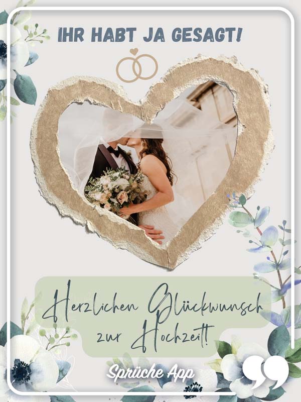 Glückwunschkarte mit Hochzeitspaar und Wünschen: „Ihr habt JA gesagt! Herzlichen Glückwunsch zur Hochzeit!"