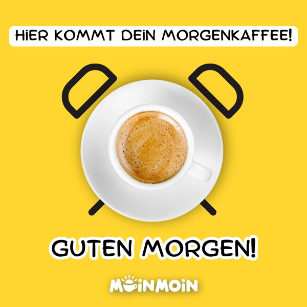 Kaffeetasse und Wecker Illustration mit Gruß: „Hier kommt dein Morgenkaffee! Guten Morgen!"