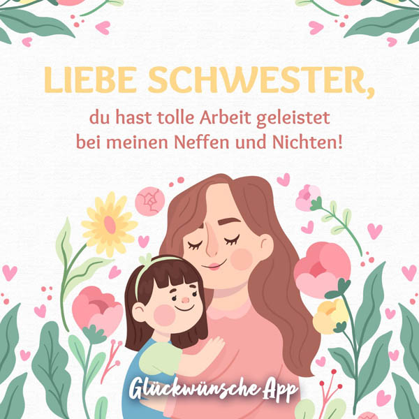 Illustrierte Mutter mit Kind und Muttertagsgrüße: „Liebe Schwester, du hast tolle Arbeit geleistet bei meinen Neffen und Nichten!"