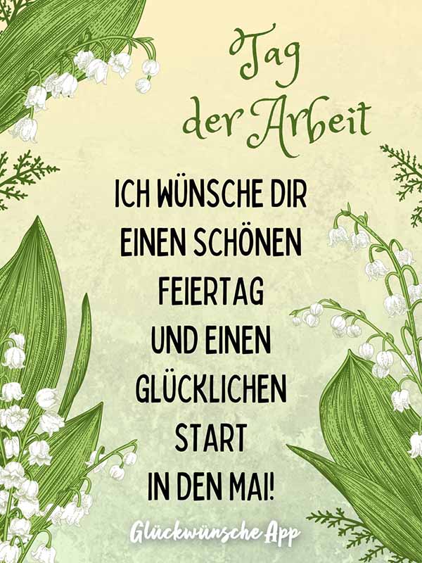 Illustrierte Maiglöckchen mit Gruß: „Tag der Arbeit Ich wünsche dir einen schönen Feiertag und einen glücklichen Start in den Mai!"