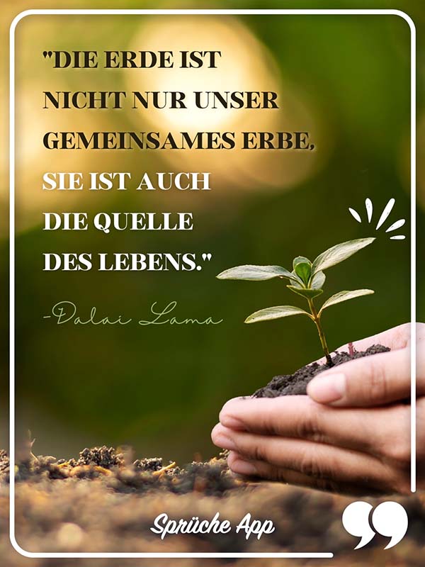 Hände, die eine kleine Pflanze mit Erde tragen und Zitat: „Die Erde ist nicht nur unser gemeinsames Erbe, sie ist auch die Quelle des Lebens." von Dalai Lama