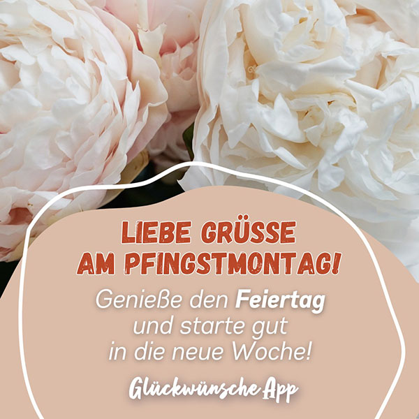 Weißen Pfingstrosen mit Gruß: "„Liebe Grüße am Pfingstmontag! Genieße den Feiertag und starte gut in die neue Woche!"