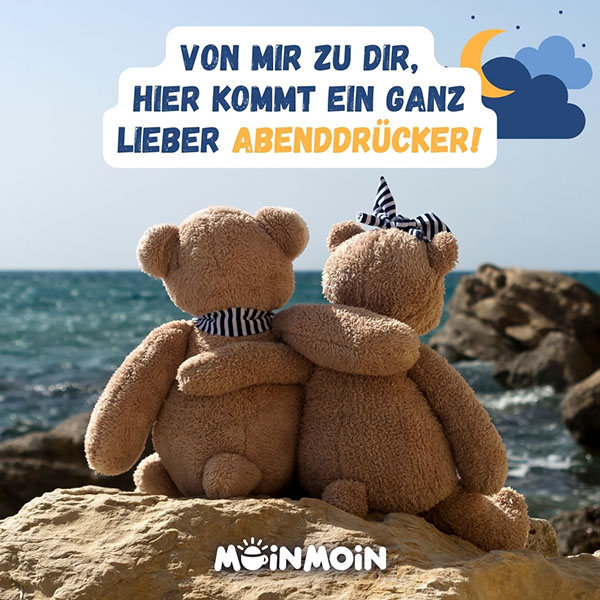 Zwei Teddybären umarmen sich auf einem Felsen am Meer mit dem Spruch: „Von mir zu dir, hier kommt ein ganz lieber Abenddrücker!"