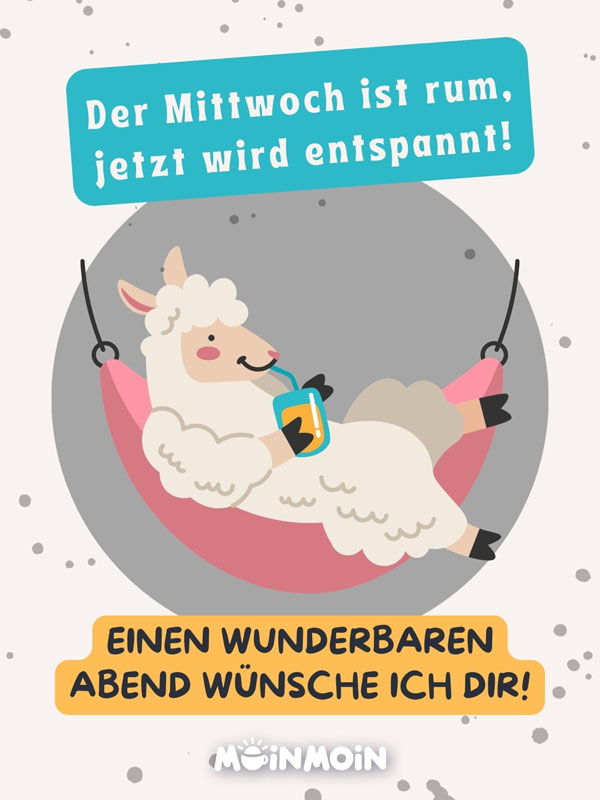 Cartoon-Schaf in einer Hängematte schaukelnd und dem Spruch: „Der Mittwoch ist rum, jetzt wird entspannt! Einen wunderbaren Abend wünsche ich dir!“