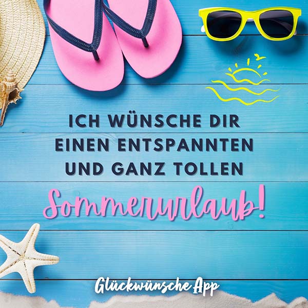 Flipflops am Strand mit Sonnenbrille und Gruß: „Ich wünsche dir einen entspannten und ganz tollen Sommerurlaub!"